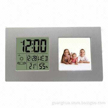 Funny desk clock with weather station and photo frame function